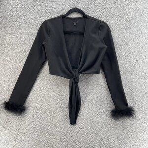 NBD Crop Sweater Top Women Extra Small Black Front Tie Feather Cuff Trim Y2K 90s